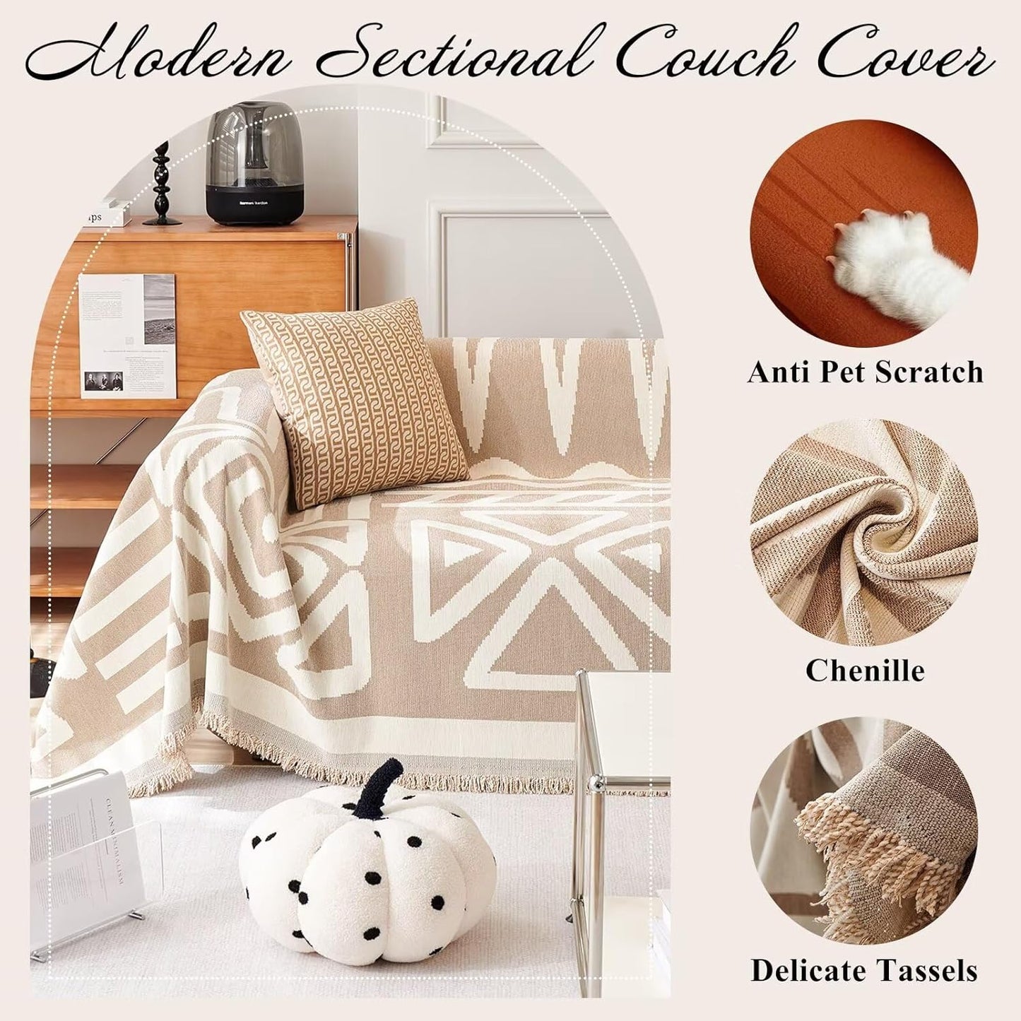 ZENLIV Boho Couch Cover Thick Chenille Sofa Slipcover with Tasse, Fitted fabric furniture covers