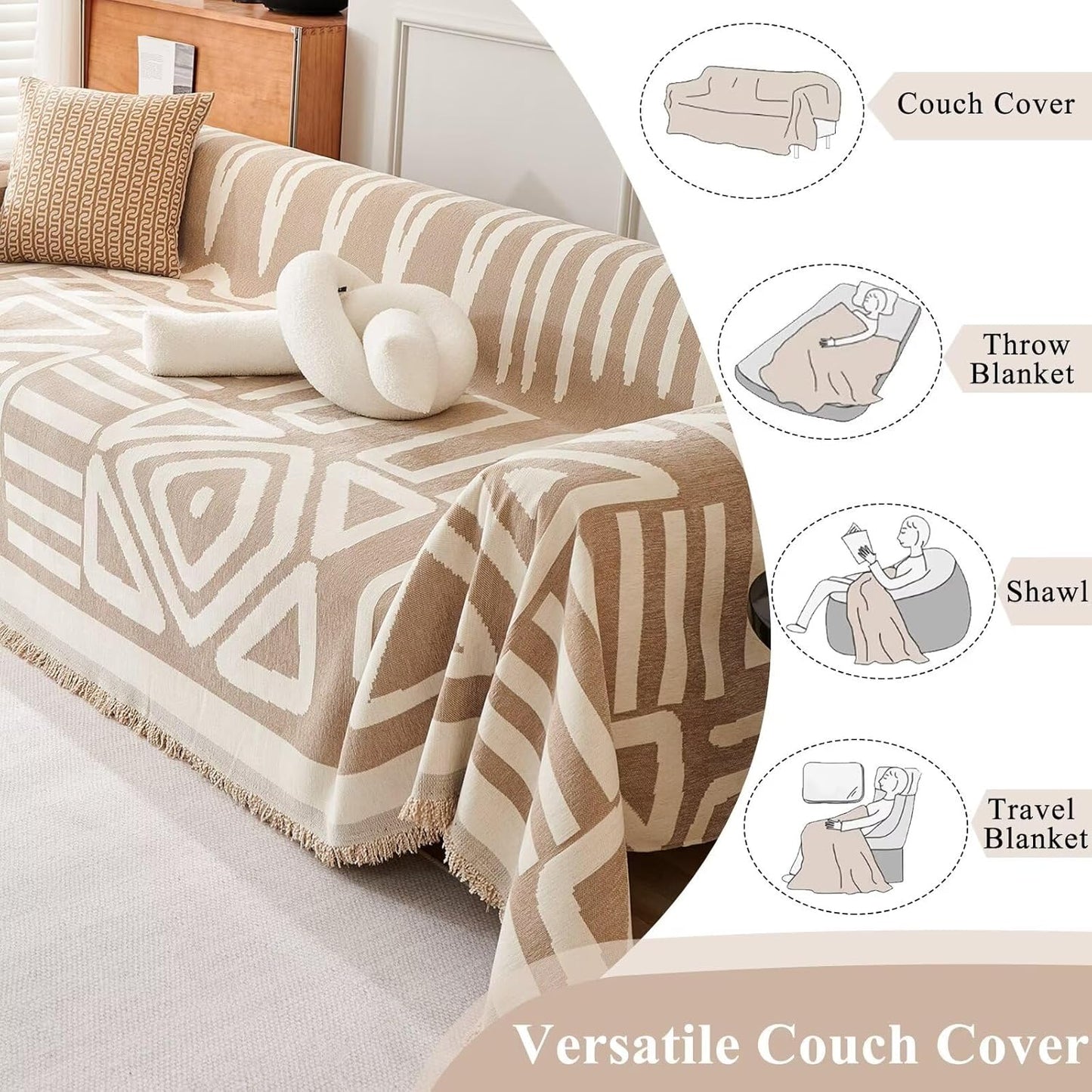 ZENLIV Boho Couch Cover Thick Chenille Sofa Slipcover with Tasse, Fitted fabric furniture covers