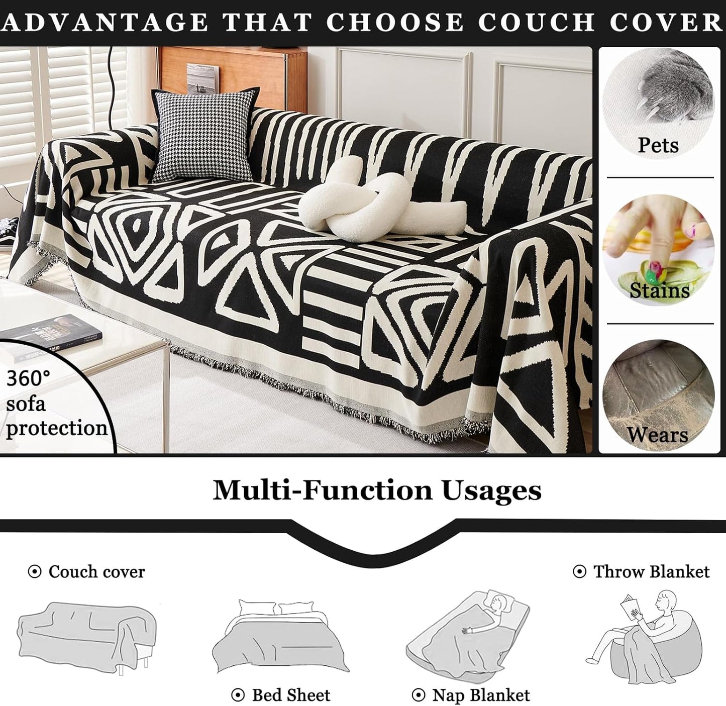 ZENLIV Boho Couch Cover Thick Chenille Sofa Slipcover with Tassel, Fitted fabric slipcovers for furniture